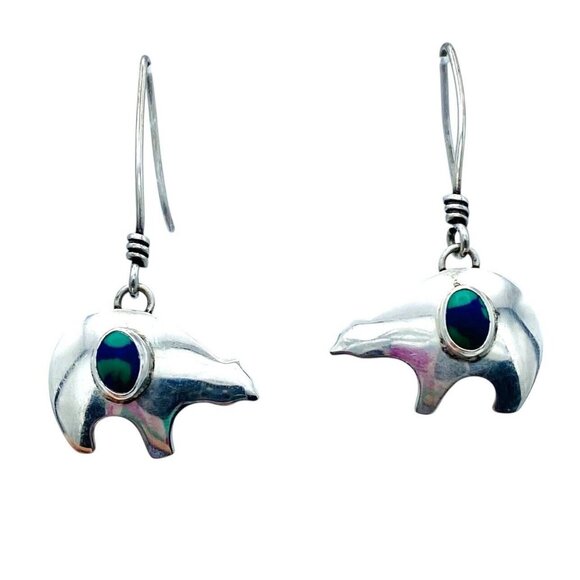 Sterling Silver Signed S.J. Azurite Malachite Bear Earrings Dangle Drop Threader - Picture 3 of 8